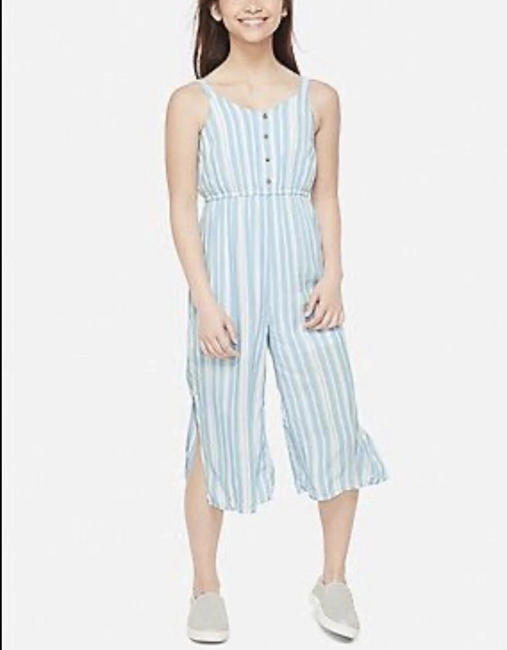 Justice Blue White Striped Quarter Button Jumpsuit